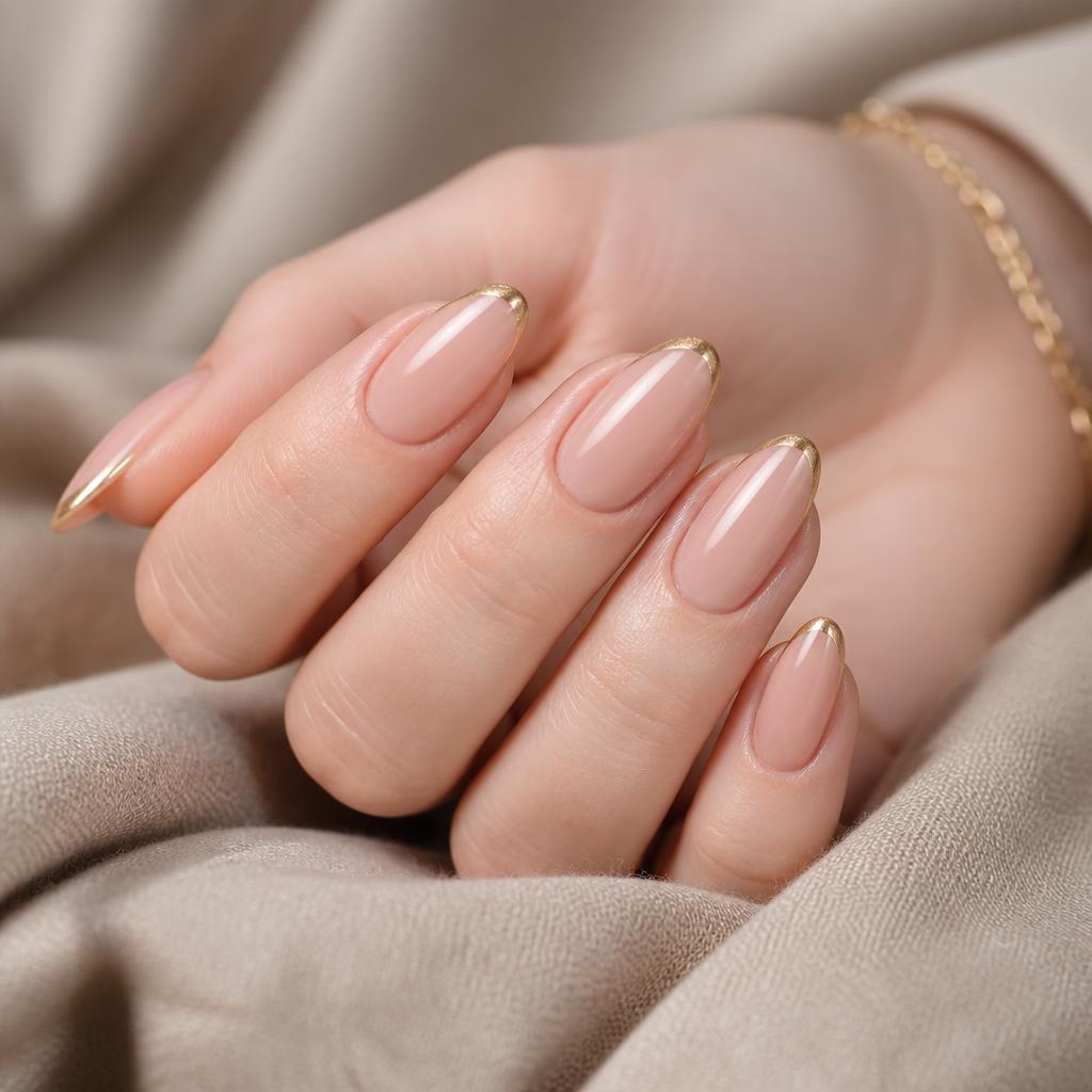 Unhas em gel formato amêndoa nude com francesinha dourada depois do atendimento