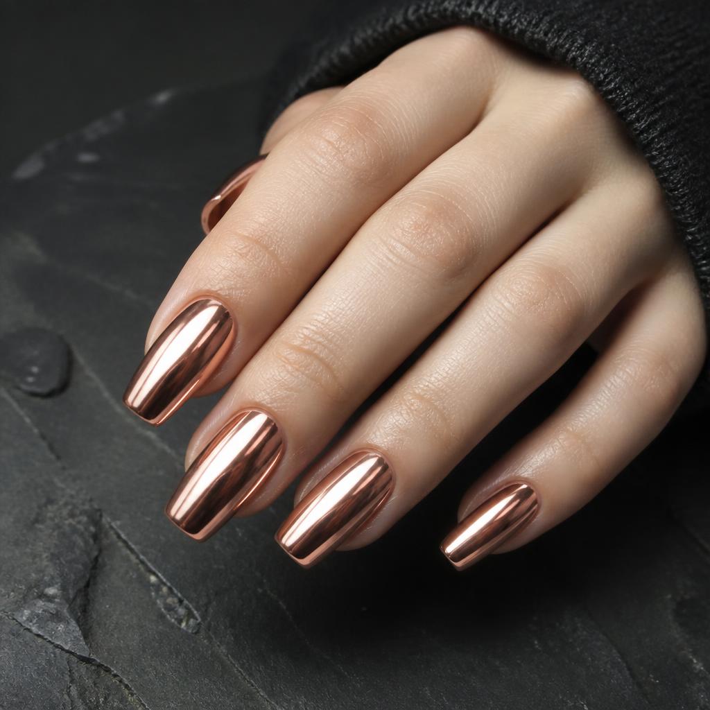 Unhas longas com efeito cromado rosé gold espelhado depois do atendimento