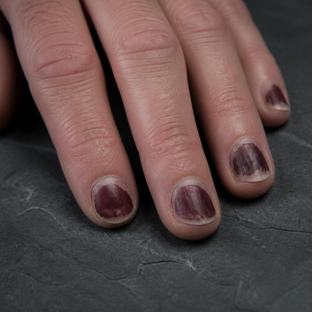 Unhas curtas com esmalte lascado antes do atendimento