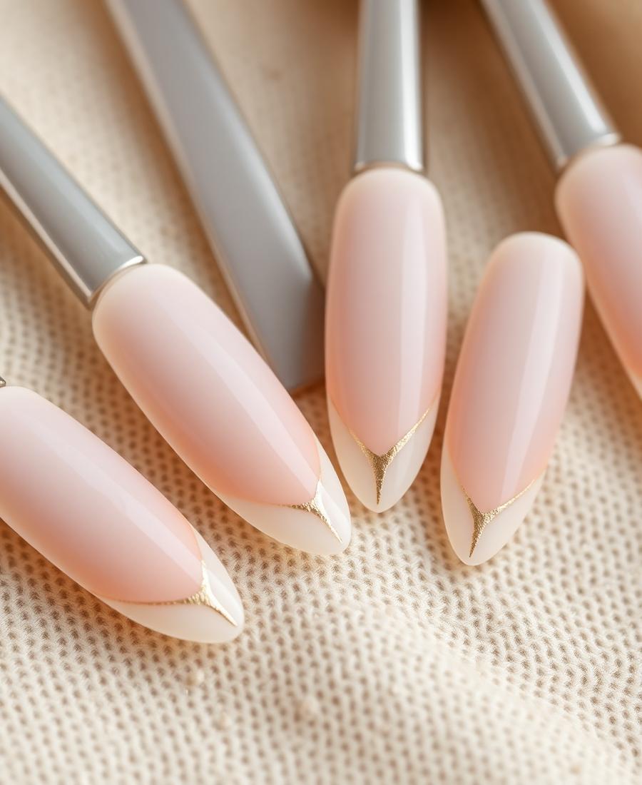 Unhas em formato amêndoa com francesinha nude e detalhes dourados