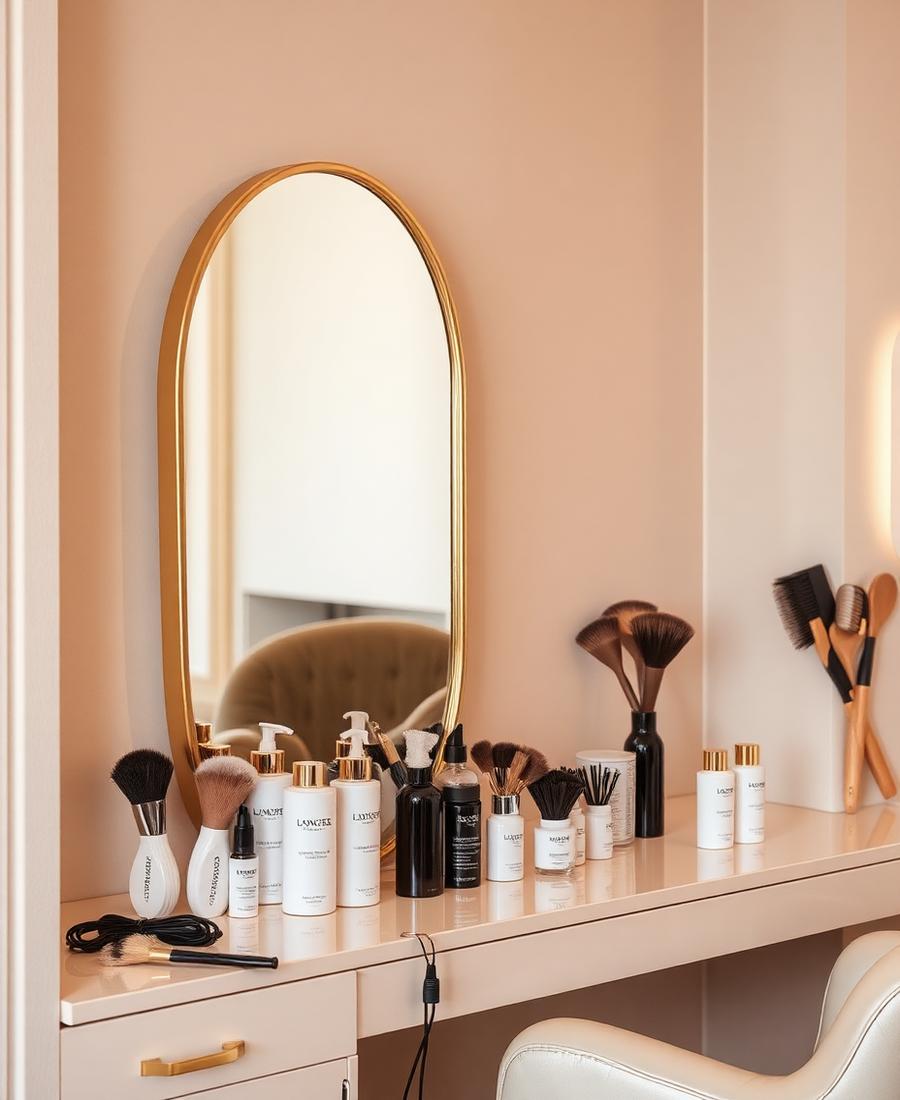 Estação de beleza com espelho dourado e produtos capilares premium