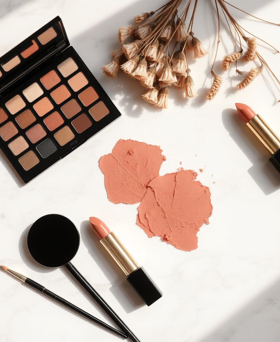 Paleta de sombras neutras, batons e pincéis de maquiagem sobre mármore