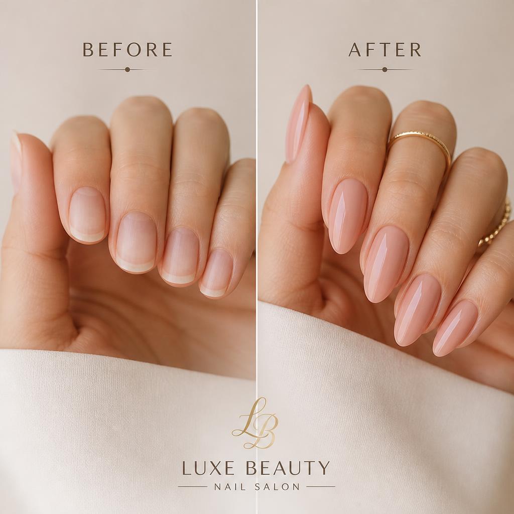 Transformação antes e depois do nail design com alongamento em gel e esmaltação nude