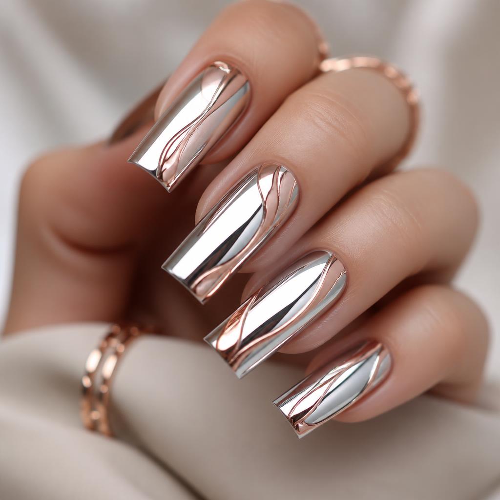 Nail art cromada espelhada com detalhes em rosé gold sobre unhas quadradas