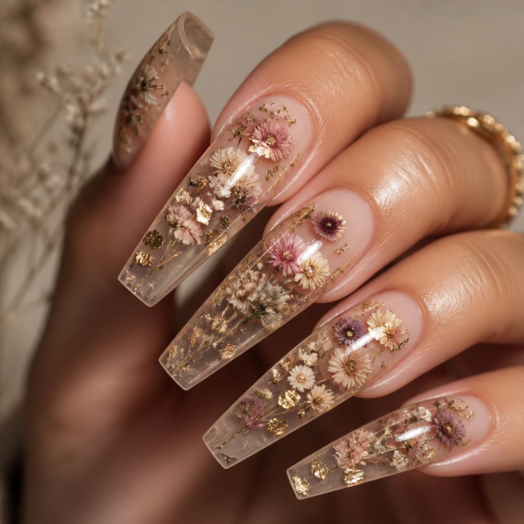 Unhas encapsuladas com flores secas e flocos dourados dentro do gel transparente