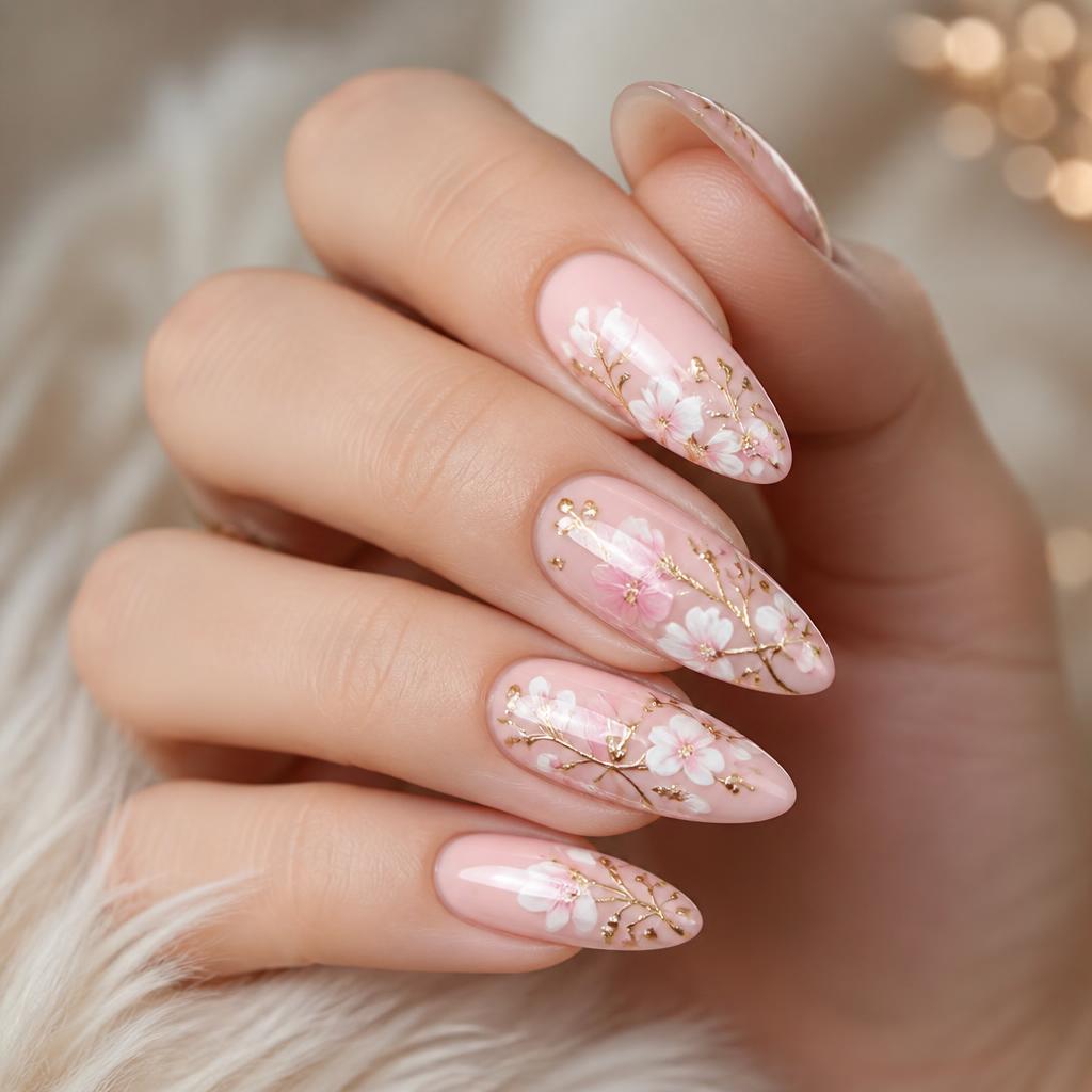 Nail art floral pintada à mão com flores delicadas e detalhes dourados