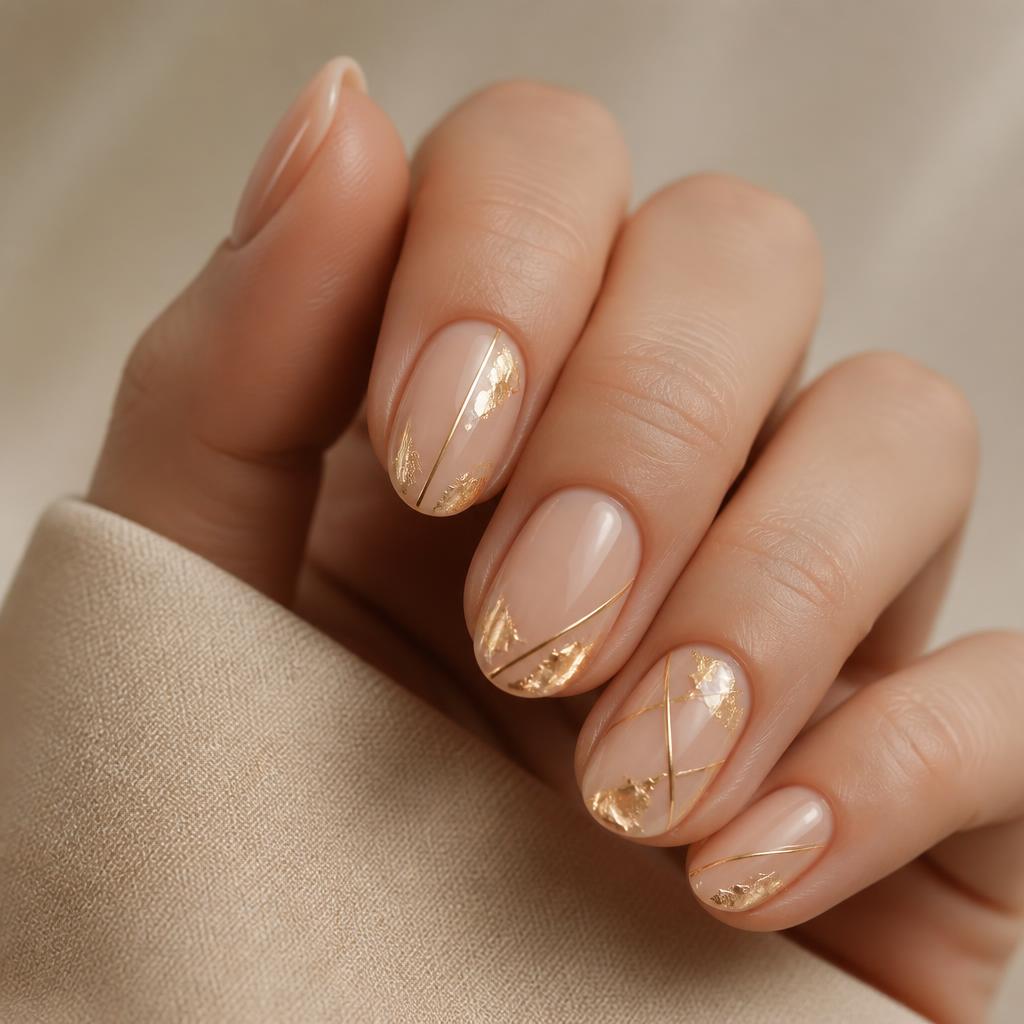 Design minimalista com base nude e linhas geométricas douradas discretas