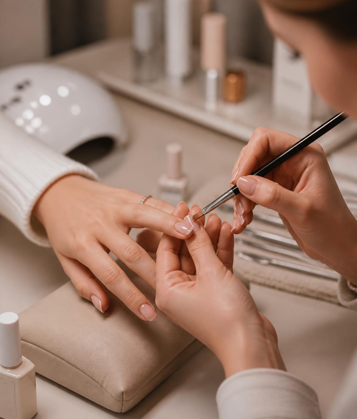Profissional aplicando gel com pincel em unhas de cliente