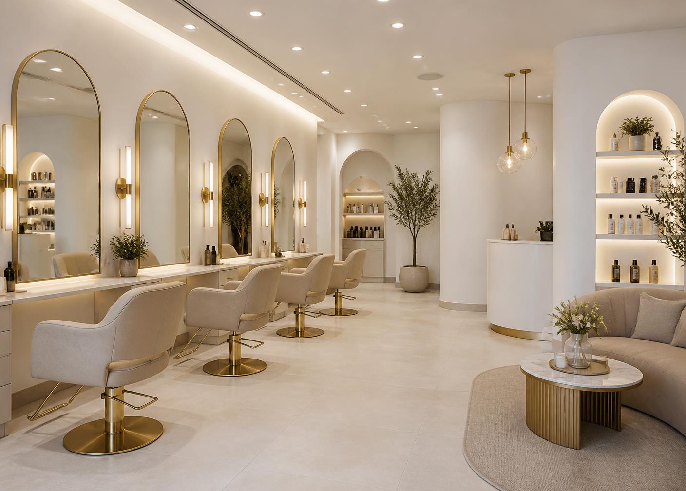 Interior elegante do salão com espelhos arqueados dourados e tons nude